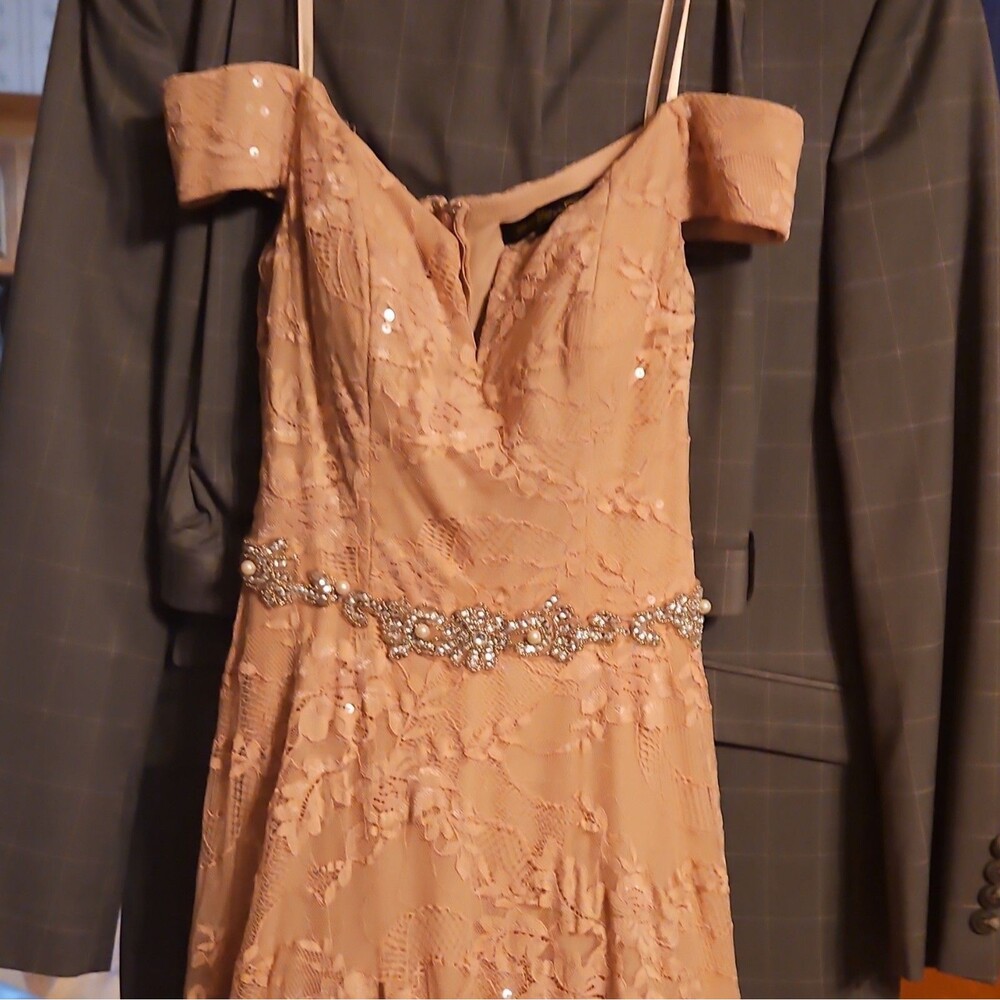 Say Yes to the Prom Beige Sequin Beaded Lace Long A-Line Formal Dress Size 1